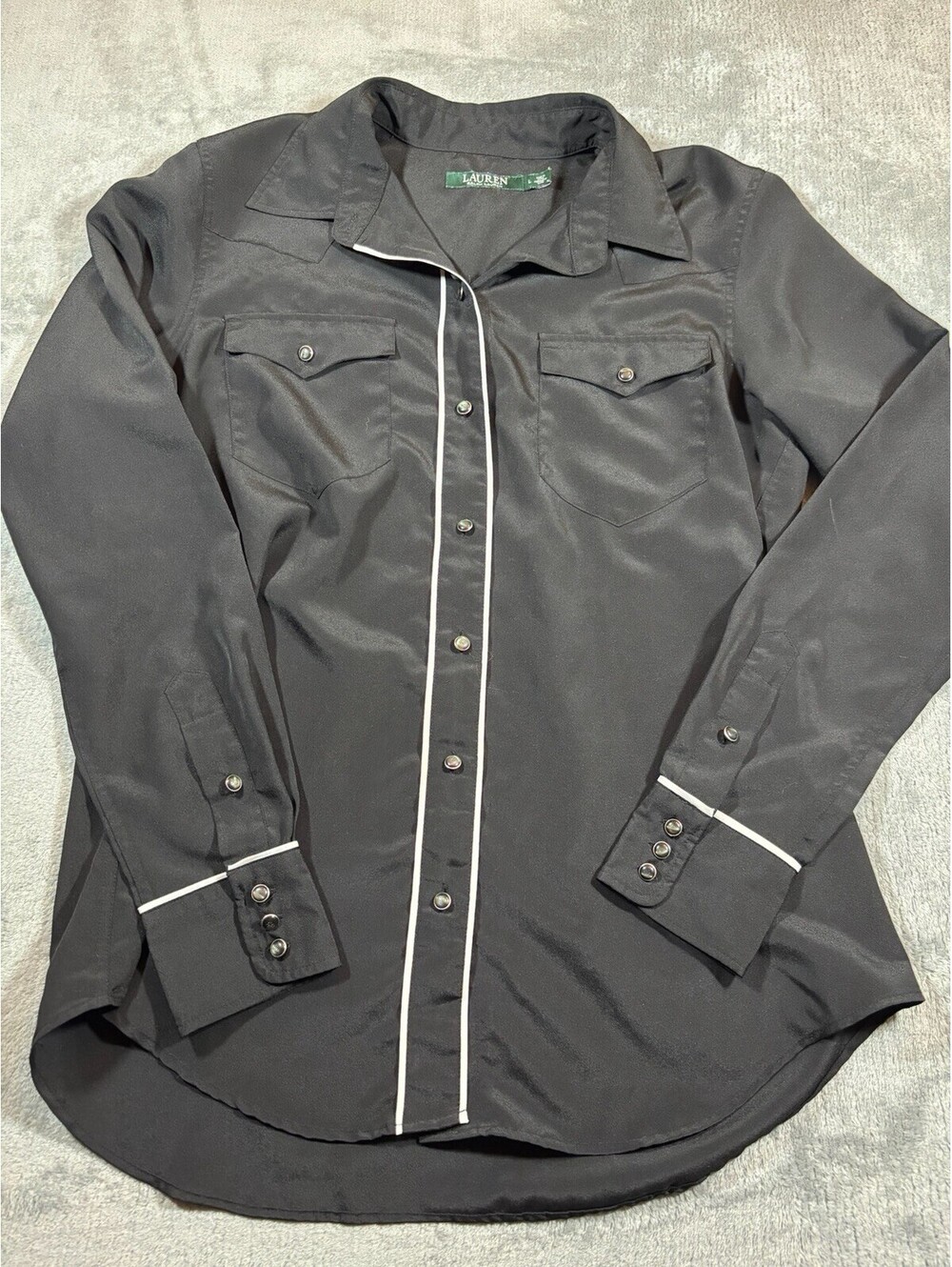 Ralph Lauren Shirt Womens Size Large Blouse Black Western Pearlized Buttons